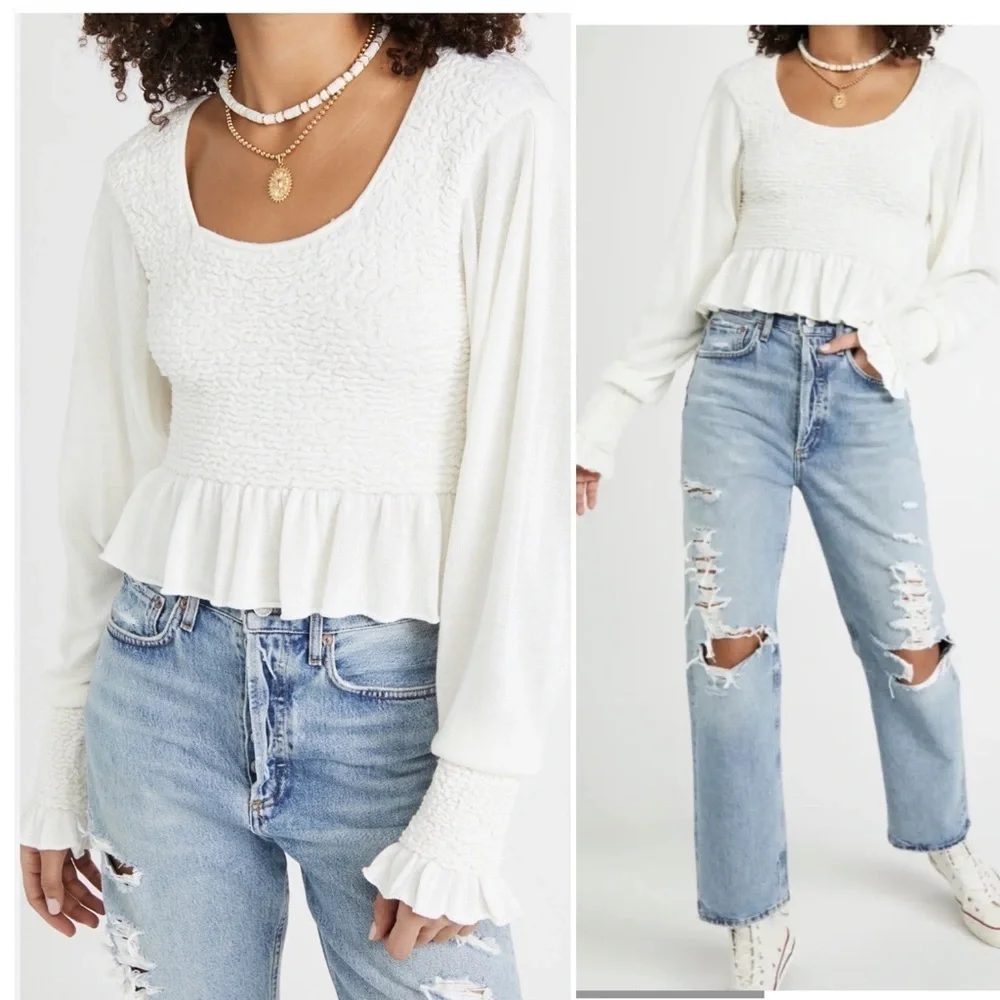 BOGO! Free People Free Spirit Smocked Peplum Pullover Sweater Cream XS